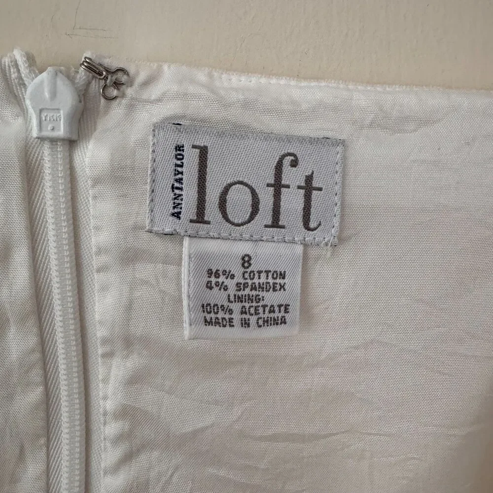 Ann Taylor LOFT White Dress with Blue Embroidered Hem Size 8